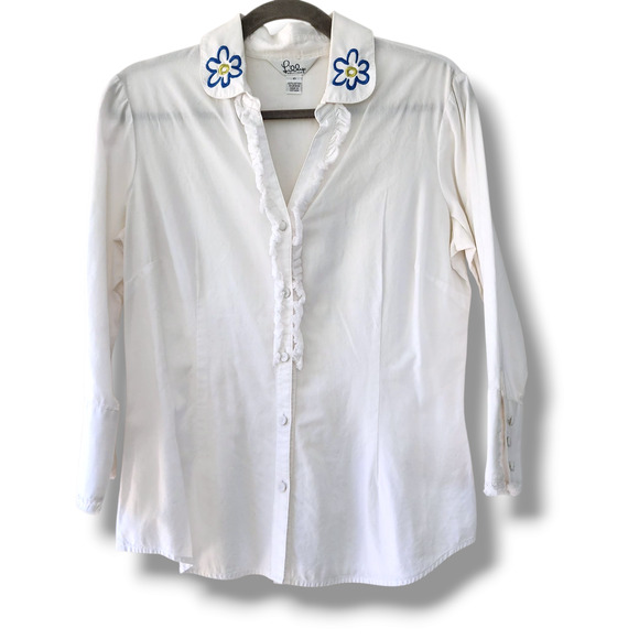 Lilly Pulitzer vintage button down Shirt white embroidered flower Preppy size 10 - Picture 1 of 9